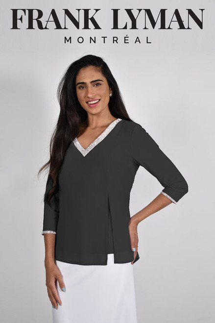 Frank Lyman Black Tunic Top With Diamante Neckline (228016) Stunning tunic top from Frank Lyman in a jersey fabric with chiffon overlay. V neck with diamante detail and matching cuff. This is a beautiful top that will flatter all figures!