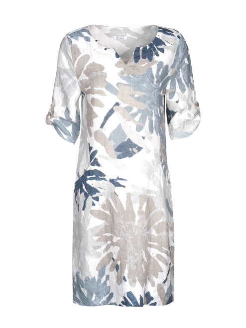 Dolcezza Woven Dress 22643 100% linen shift dress in Palm leaf print, short sleeved with buttn detail and notch neckline.

A fabulous dress for holidays!