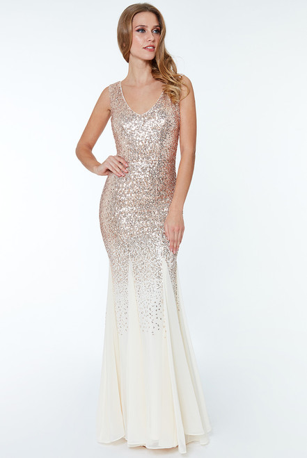 Godiva Champagne Sequinned Evening Prom Dress  (DR627)