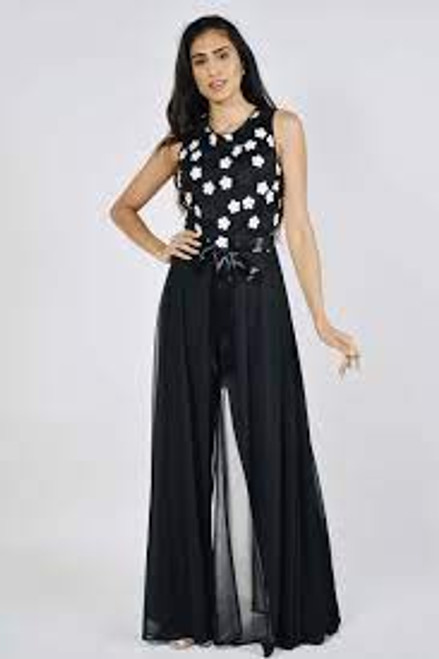 Frank Lyman Black Wide Leg Jumpsuit With White Daisy Print Bodice (222273)