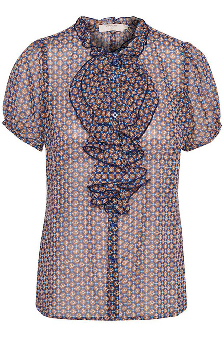 Ruffle detail blouse with pattern in blue and orange by Cream.