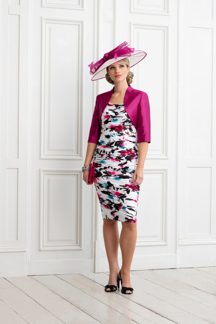 Floral Dress And Jacket  (ISH902) stunning dress and jacket perfect for a Summer wedding. The floral pattern runs throughout the ruched fabric of the dress and features hints of cerise and cerulean.