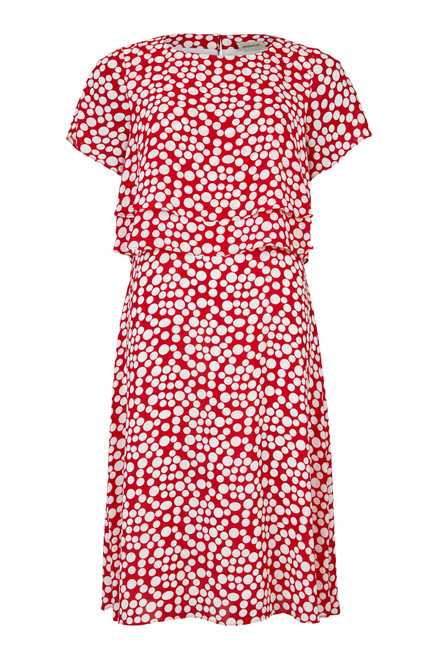 Floaty chiffon dress from Tia in red with white spots.  This dress has a tiered effect top which is open at the back, creating an additional interest.  A stunning dress, bright and fresh, perfect for that special occasion.