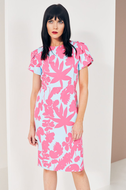 PASTEL PERFECT; Fresh pastel tones teamed with an oversized tropical print makes this Kate Cooper body skimming dress the perfect ‘what to wear’ option for any occasion. Finished with a short sleeve and round neck its traditional style meets modern in just one look.
