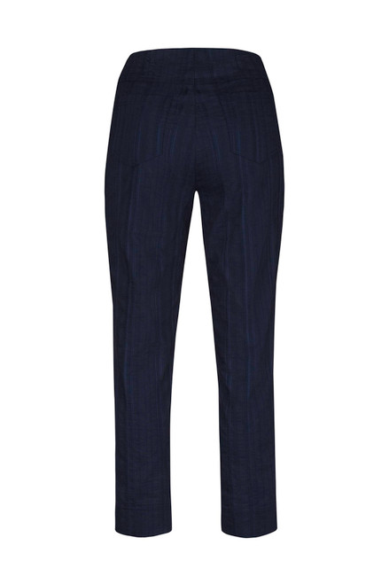 The Bella 09 Seersucker trouser is a lightweight striped trouser in a 7/8 length.  With two faux front pockets, two functional back pockets, and has a small side split at the ankle embellished with a small diamante. Elasticated waist so you just pull them on – no buttons and zips to worry about – made from a super lightweight fabric, keeping you cool in the warmer months.