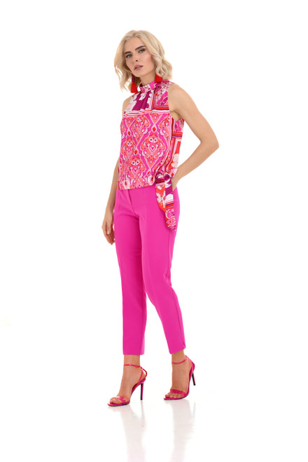 Estel Floral Print Top (07492). holter neck blouse. scrafe print in pink, orange, and magenta.