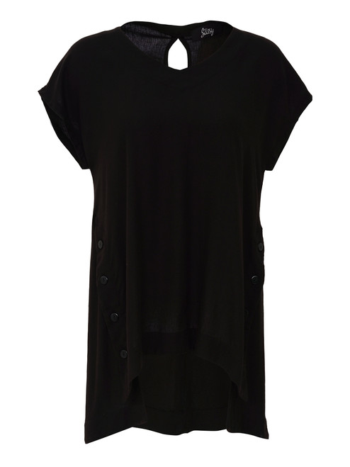 Stunning black linen mix tunic from Sassy. This would look fabulous with jeans or leggings, with a long necklace or simply on its own. The button detail at the sides add to the quirky look.