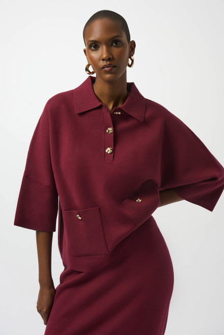 Sweater Merlot Knit Boxy Pullover With Polo Collar (253962)