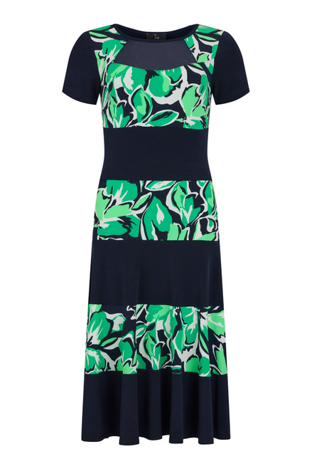 A stunning, easy wear banded dress in navy jersey fabric with green print sections.  No zips or buttons required on this striking dress, perfect for an occasion or with sandels sipping cocktails!