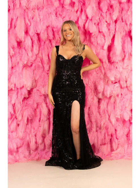Ruby Prom Black Sequin Dress (Ria). Full sequin gown with flower sequin embroidery, with boned bodice detail and sweetheart neckline and off the shoulder detail, front split and small puddle train. Zip back with hook and eye fastening.
