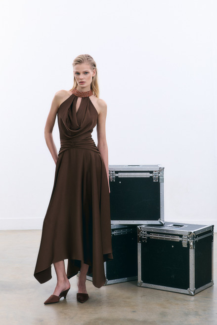 Maisonel Beaded Halterneck Dress with Draped Cowl Neck Brown/Terracotta (ME3169A)