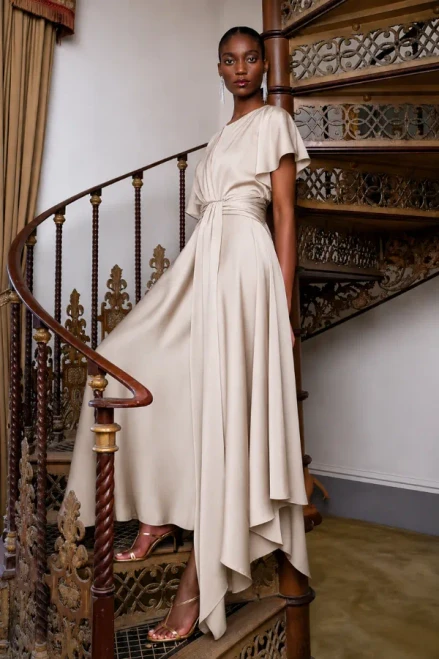 Elegant and flattering, the Maisonel ME3003 dress is a beautiful choice for weddings and special occasions. Designed in a soft latte shade, this sophisticated style features delicate flutter sleeves, a keyhole neckline, and a gently defined waist for a feminine silhouette. The asymmetric draped skirt adds movement and elegance, creating a graceful look that is both modern and timeless. Perfect for mothers of the bride, mothers of the groom, and wedding guests seeking effortless occasionwear.