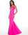 Studio 17 12870 hot pink formal dress features a fit and flare silhouette with a plunging neckline and double straps that form the lattice-style back. A set-on waistband cinches this spandex prom gown, finished with a center-back godet that spills to a sweep train.