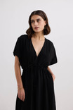 V-neck Gathered Black Maxi Dress