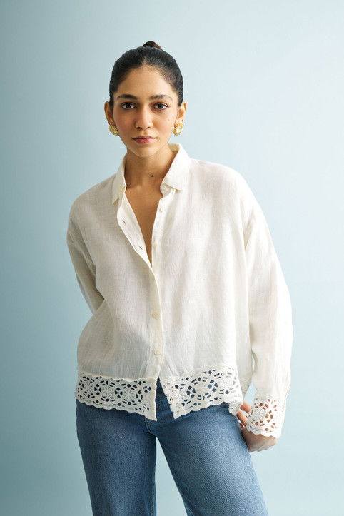 Long Sleeve Button-down Off White Shirt With Lace
