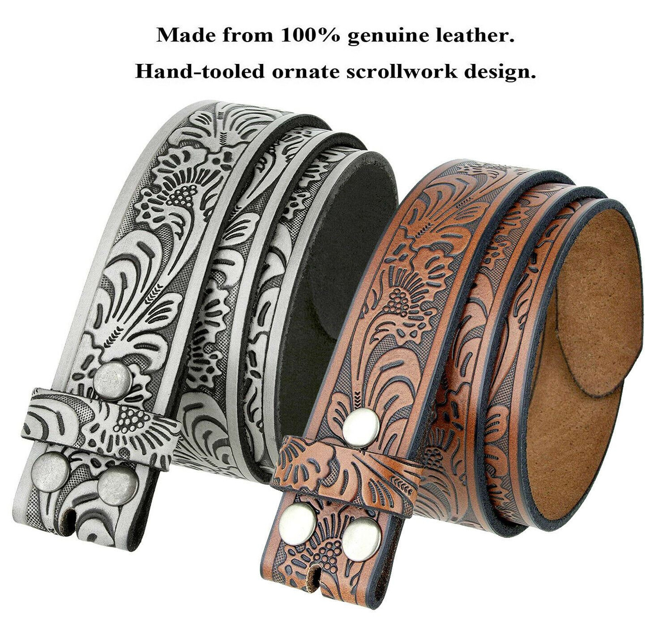 BS220 Western Floral Engraved Embossed Tooled Genuine Leather Belt