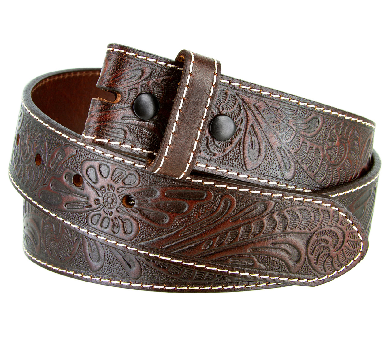 BS118 Genuine Full Grain Western Floral Engraved Tooled Leather Belt Strap  with Snaps on 1-1/2(38mm) Wide 