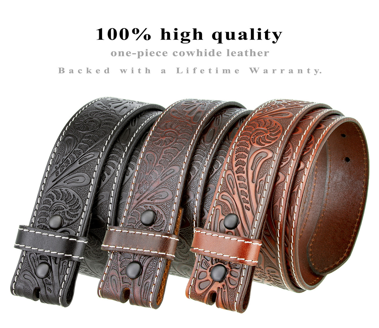BS118 Genuine Full Grain Western Floral Engraved Tooled Leather Belt Strap  with Snaps on 1-1/2(38mm) Wide 