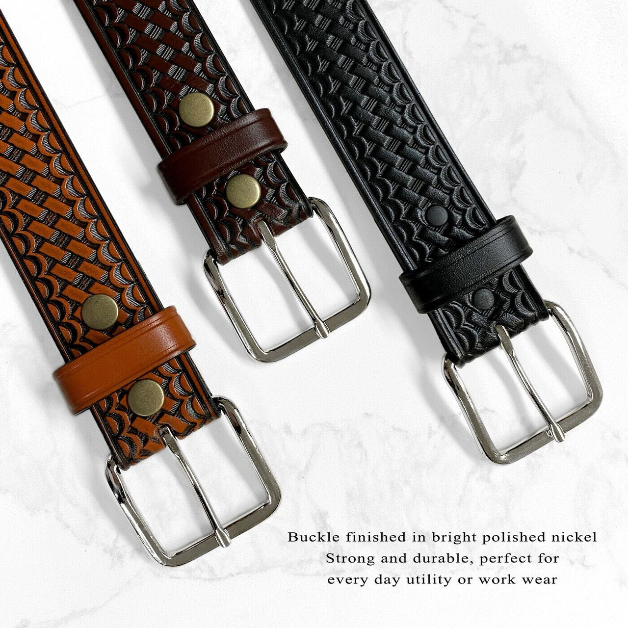 CL871-B Utility Uniform Work Belt Basketweave One Piece Full Grain Cowhide  Leather Belt 1-3/4(45mm) Wide 