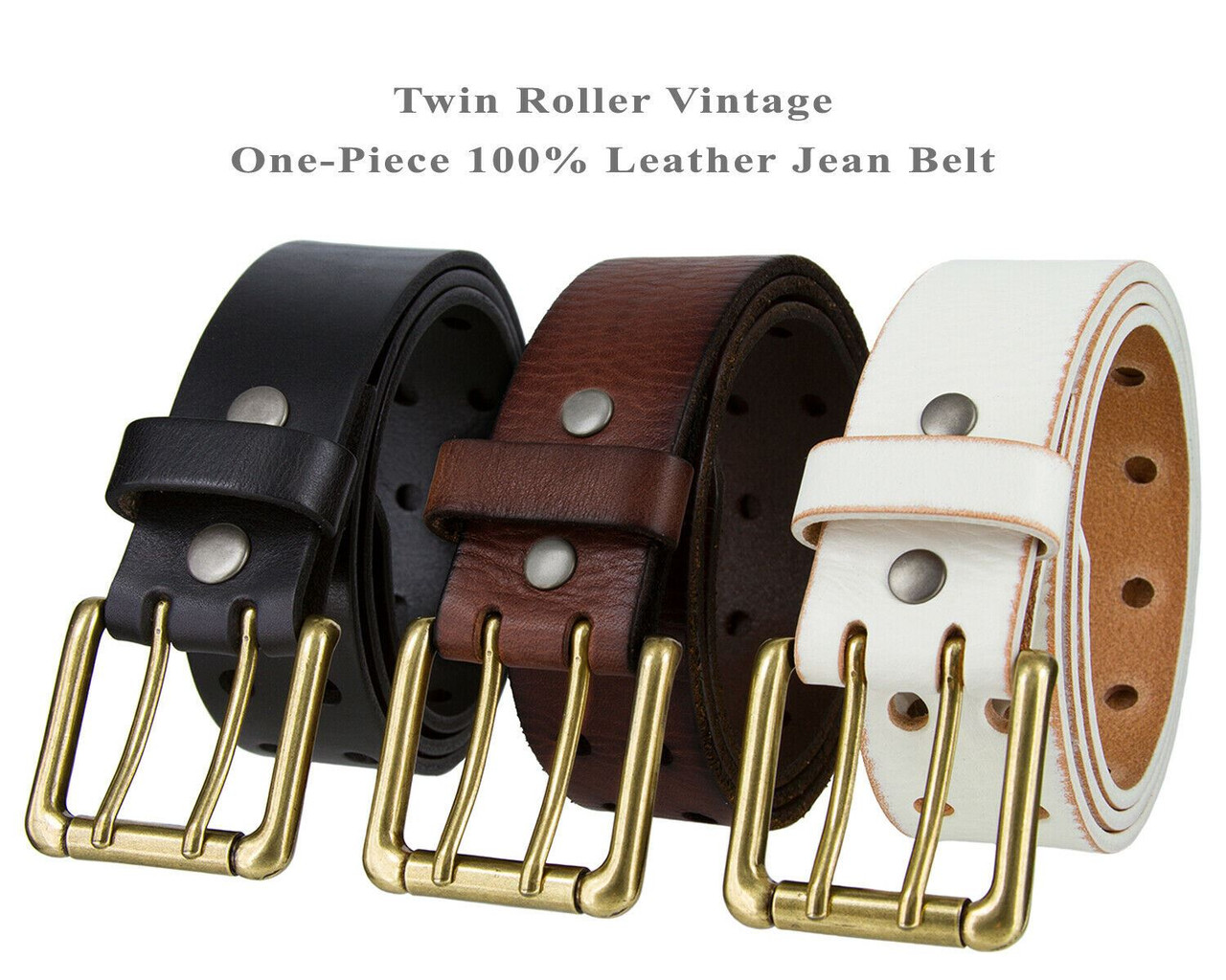 Metro Twin Roller Antique Gold Buckle Genuine Full Grain Leather Casual  Jean Belt 1-1/2(38mm) Wide 