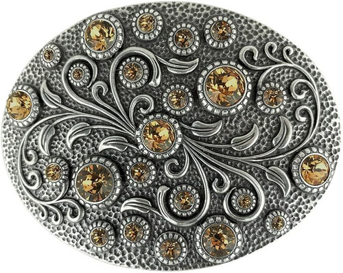 Rhinestone Crystal Belt Buckle Antique Oval Floral Engraved Buckle - Silver-Lt Col Topaz Rhinestone Crystal Belt Buckle Antique Oval Floral Engraved Buckle - Silver-Lt Col Topaz
