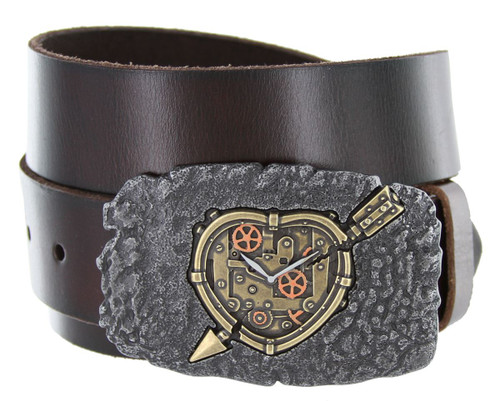 Steampunk Arrow Heart Engraved Buckle Genuine Full Grain Leather Casual Jean Belt 1-1/2"(38mm) Wide