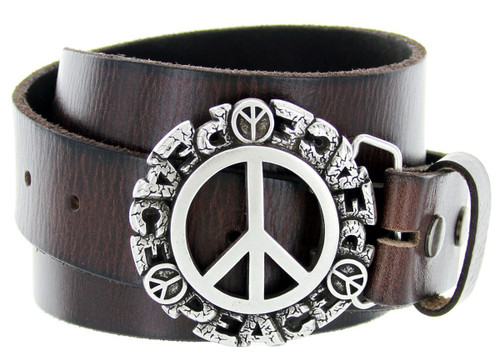 Antique Peace Sign Engraved Buckle Genuine Full Grain Leather Casual Jean Belt 1-1/2"(38mm) Wide