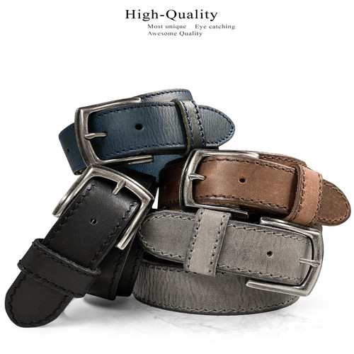 Antique Engraved Buckle Genuine Full Grain Leather Casual Jean Belt 1-1/2"(38mm) Wide