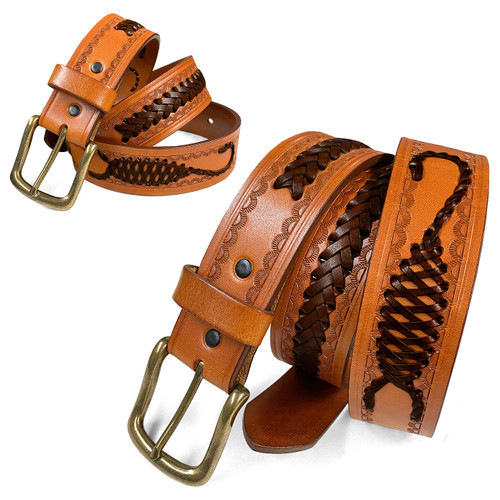 2285 Western Scorpion Hand-Woven Braided Genuine Full Grain Leather Belt 1-1/2"(38mm) Wide