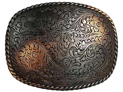 HA0359 MOEB Antique Brass Copper Western Floral Engraved Rope Edge Design Belt Buckle
