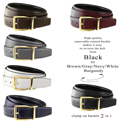 Classic Gold Buckle Reversible Belt Genuine Leather Dress Casual Belt 1-1/8"(30mm) Wide