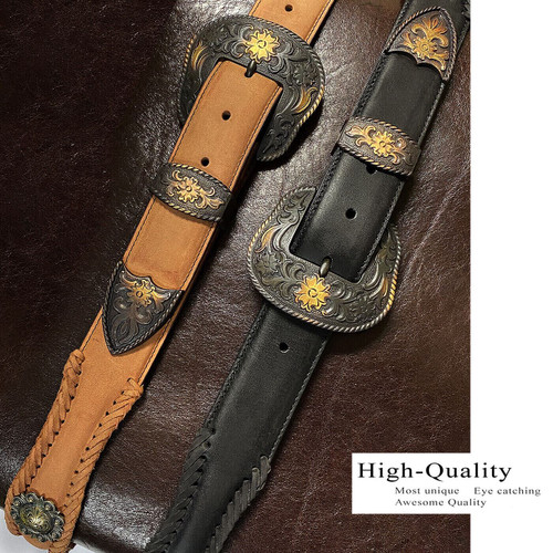 Western Cowboy Belt Vintage Crazy Horse Scalloped Genuine Leather Concho Belt