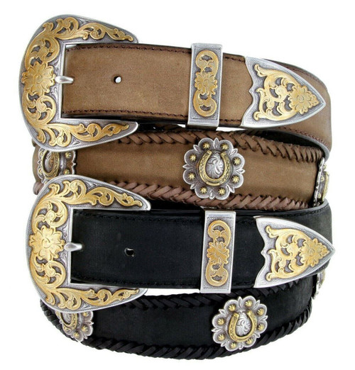 Gold Horseshoe Conchos Crazy Horse Scalloped Genuine Leather Western Belt 1-1/2"(38mm) Wide