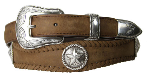 Antique Silver Star Conchos Crazy Horse Scalloped Genuine Leather Western Belt 1"(25mm) Wide