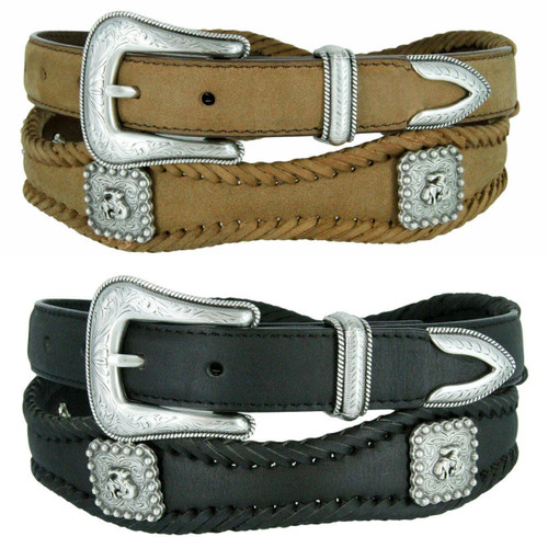Antique Bronco Rider Conchos Crazy Horse Scalloped Genuine Leather Western Belt 1"(25mm) Wide