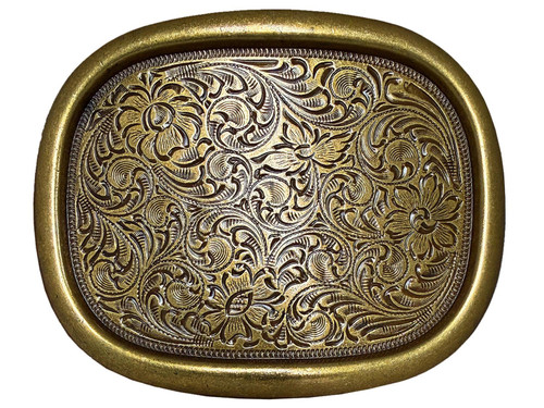 C242 OEB Oval Raised Edge Buckle Floral Scroll Engraved Buckle Fits 1-1/2"(38mm) Belt Strap (Antique Gold)