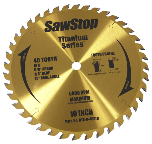 SawStop 10” Titanium Series Premium Woodworking Blade - 40 Tooth