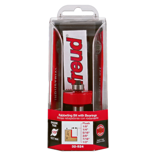 Freud Flush, 1/8",1/4",5/16",3/8",7/16",1/2" Depth Rabbeting Bit with Bearings - 1/2" Shank