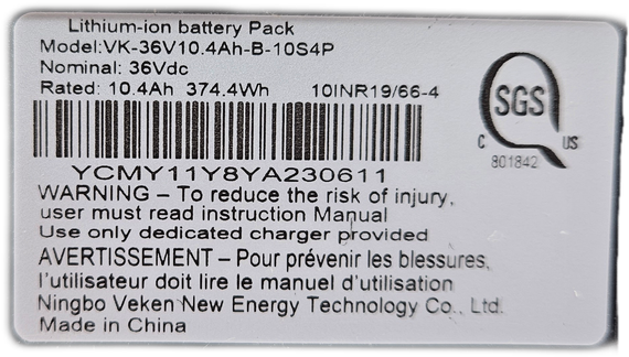 Concord E-Bike Li-Ion Battery 36V 10.4Ah