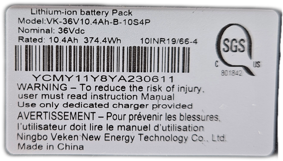 Concord E-Bike Li-Ion Battery 36V 10.4Ah