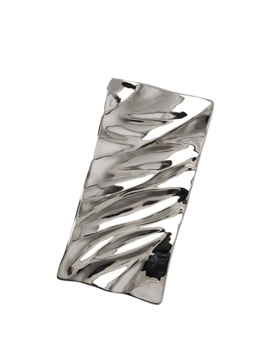Silver tray with wave design - perfect for entertaining. Adds sophistication to any tabletop setting. Silver tray with wave design - perfect for entertaining. Adds sophistication to any tabletop setting.