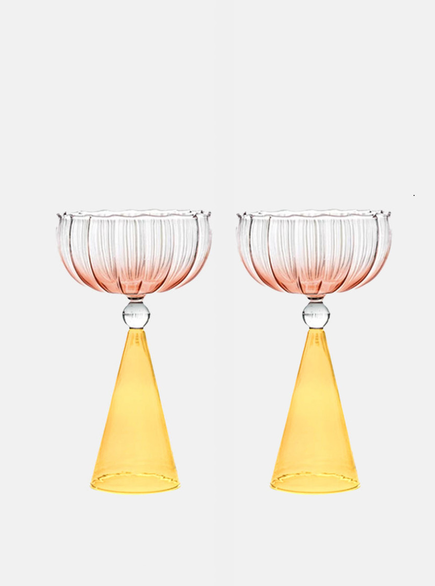 2 pink and yellow coupe glasses