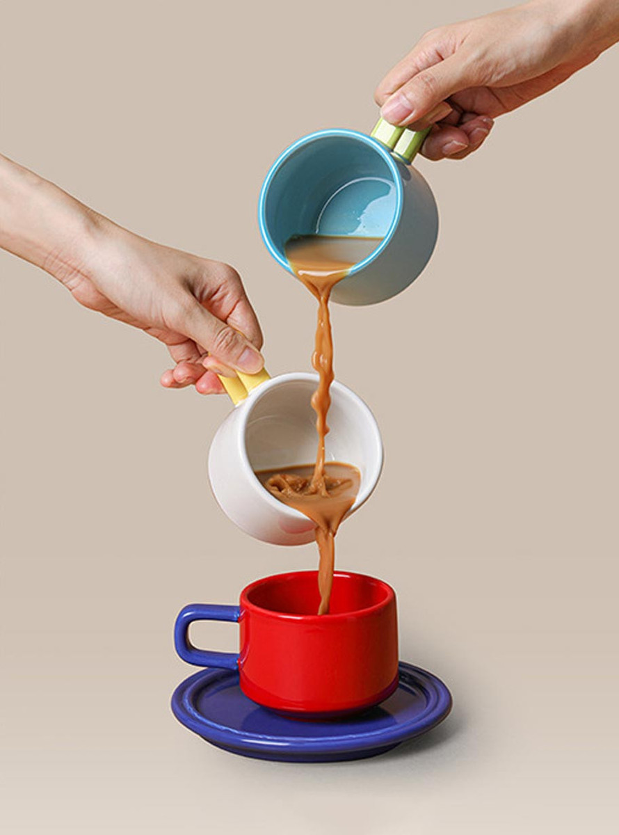 "Deux" Colour Block Ceramic Mug Set - Red Mug & Blue Saucer