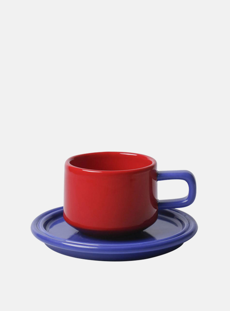 "Deux" Colour Block Ceramic Mug Set - Red Mug & Blue Saucer