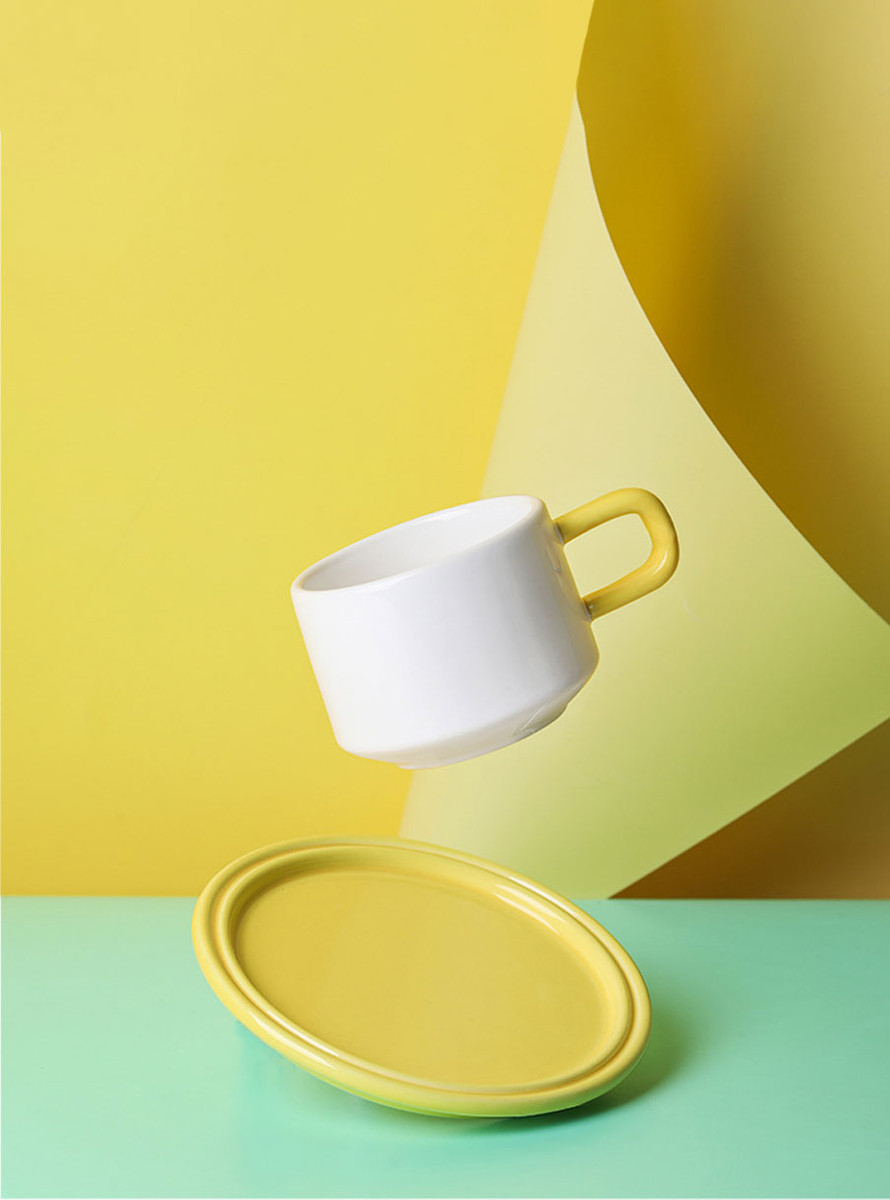 "Deux" Colour Block Ceramic Mug Set - White Mug & Yellow Saucer