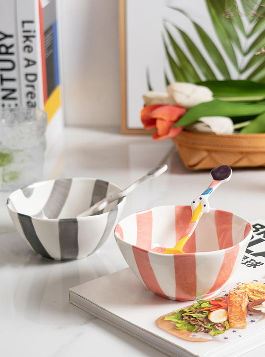 "Dessin" Grey Stripe Ceramic Bowl and Spoon Set of 4