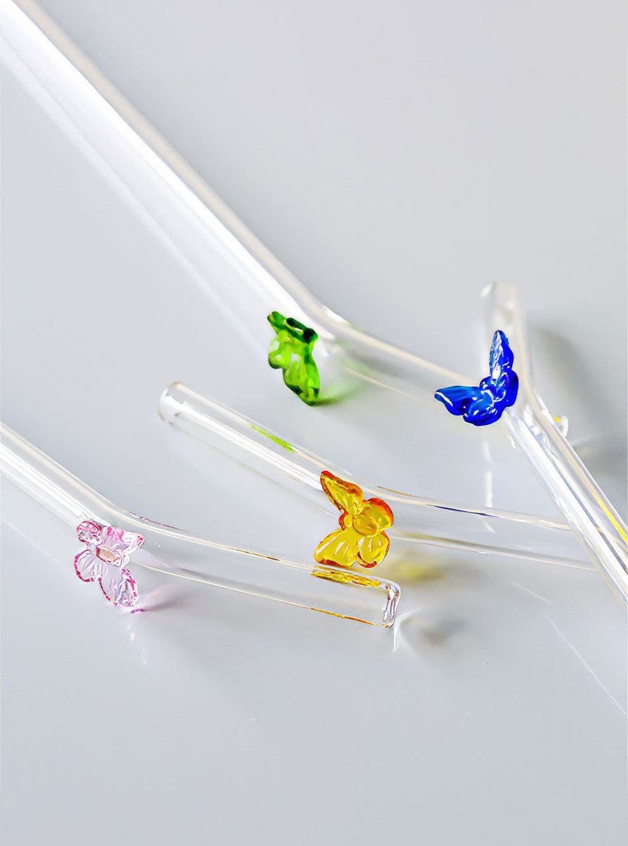 "Papillon" Pink Butterfly Clear Glass Straw