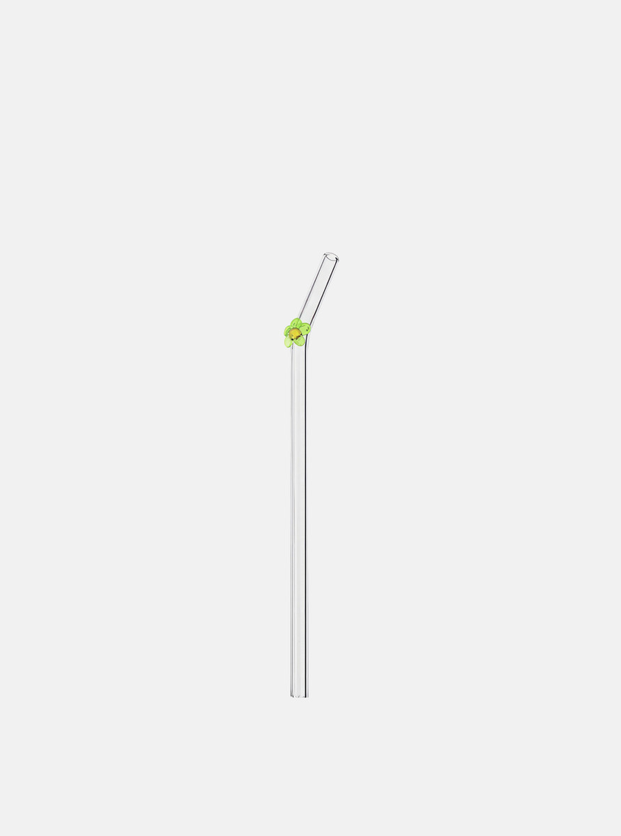 "Papillon" Green Flower Clear Glass Straw