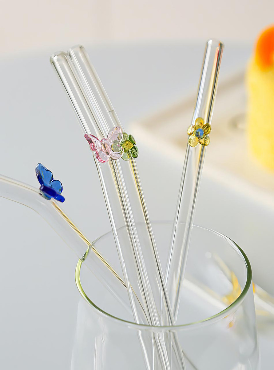 "Papillon" Green Flower Clear Glass Straw