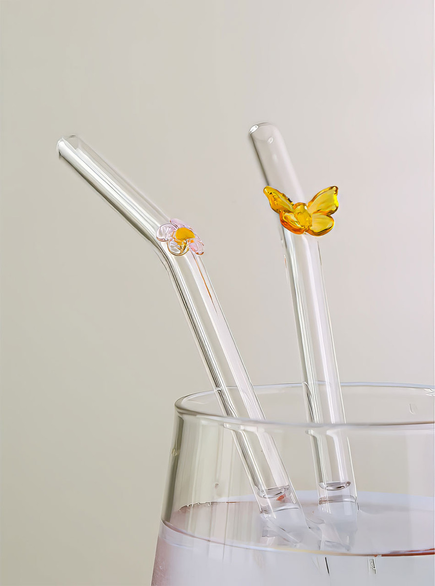 "Papillon" Pink Flower Clear Glass Straw